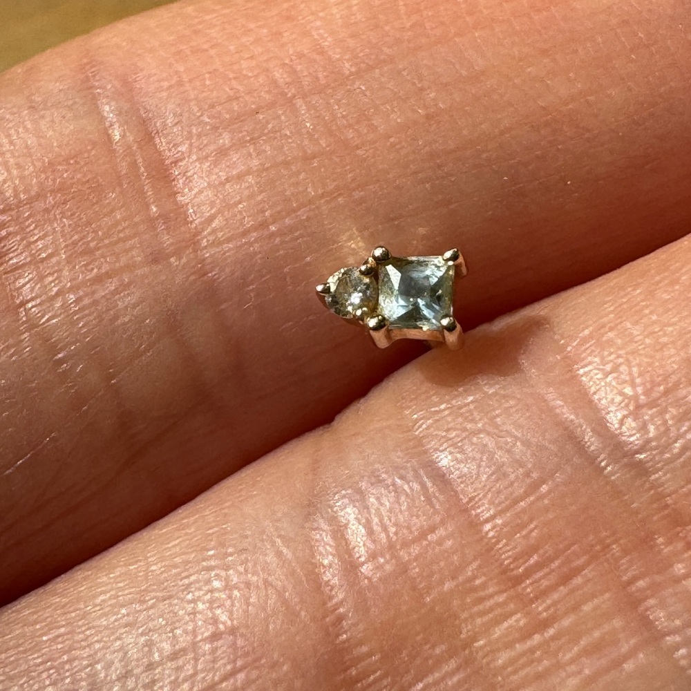 14k solid gold aquamarine and diamond stud single earring